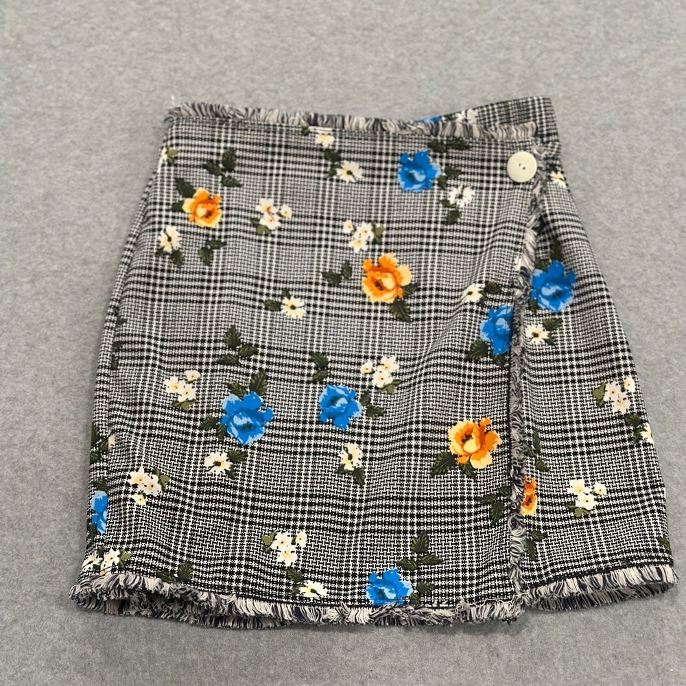 Ing Black and White Plaid Mini Skirt with Blue and Orange Floral